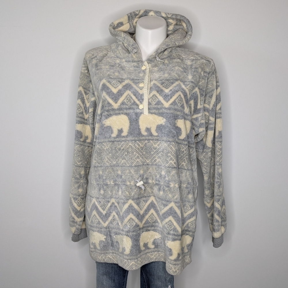 Vintage Sunbuster grey cream polar hooded bear winter pullover sweater jacket XL